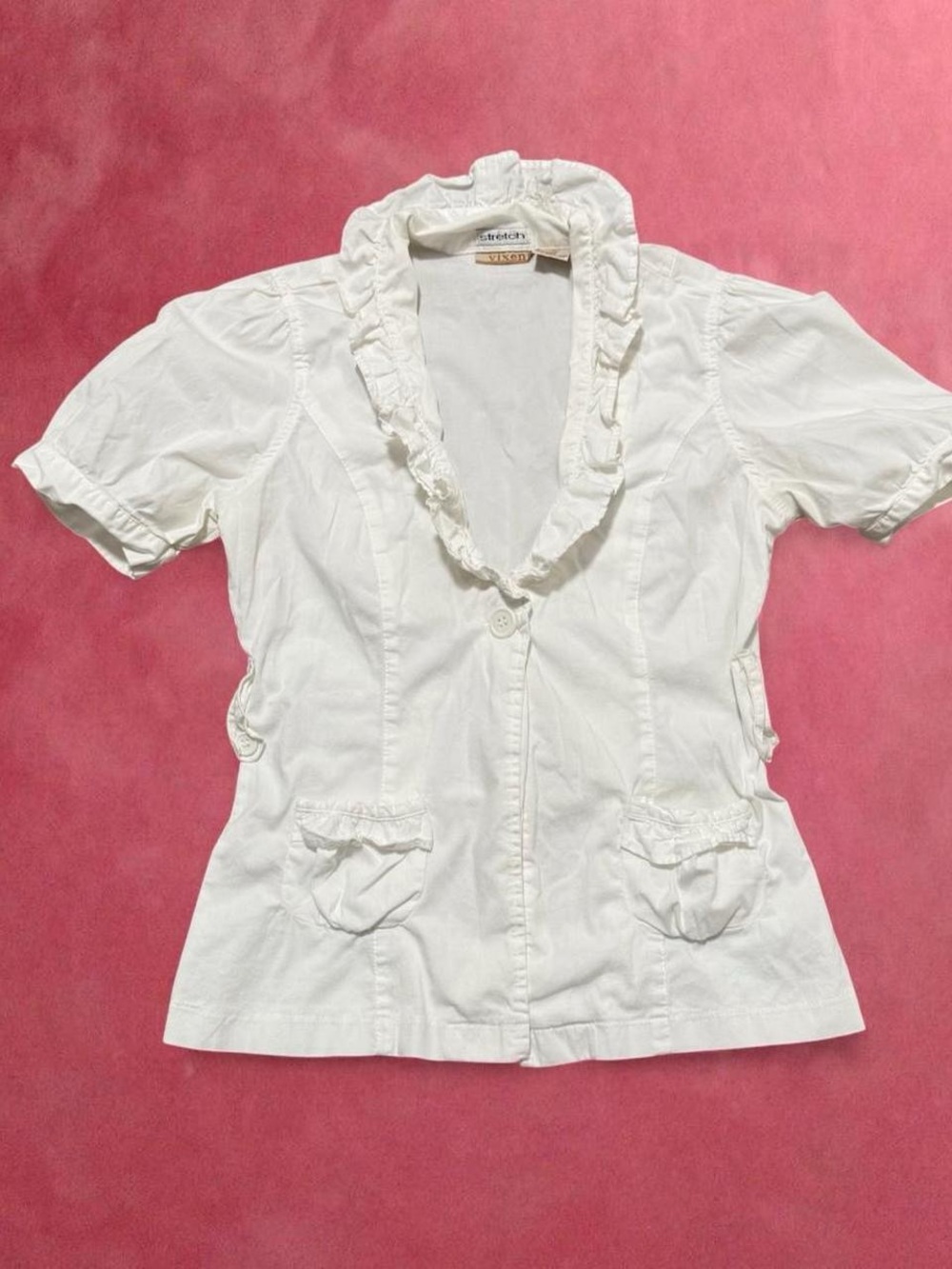 Vix White Ruffle-Collar Short Sleeve Blouse